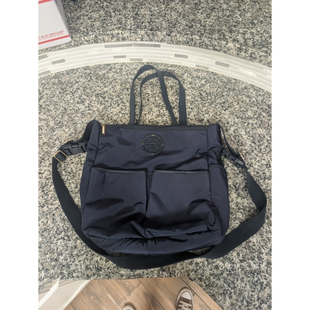 Tory Burch Navy Tote Bag Gold Hardware Logo Zip Double Handles Women's Casual